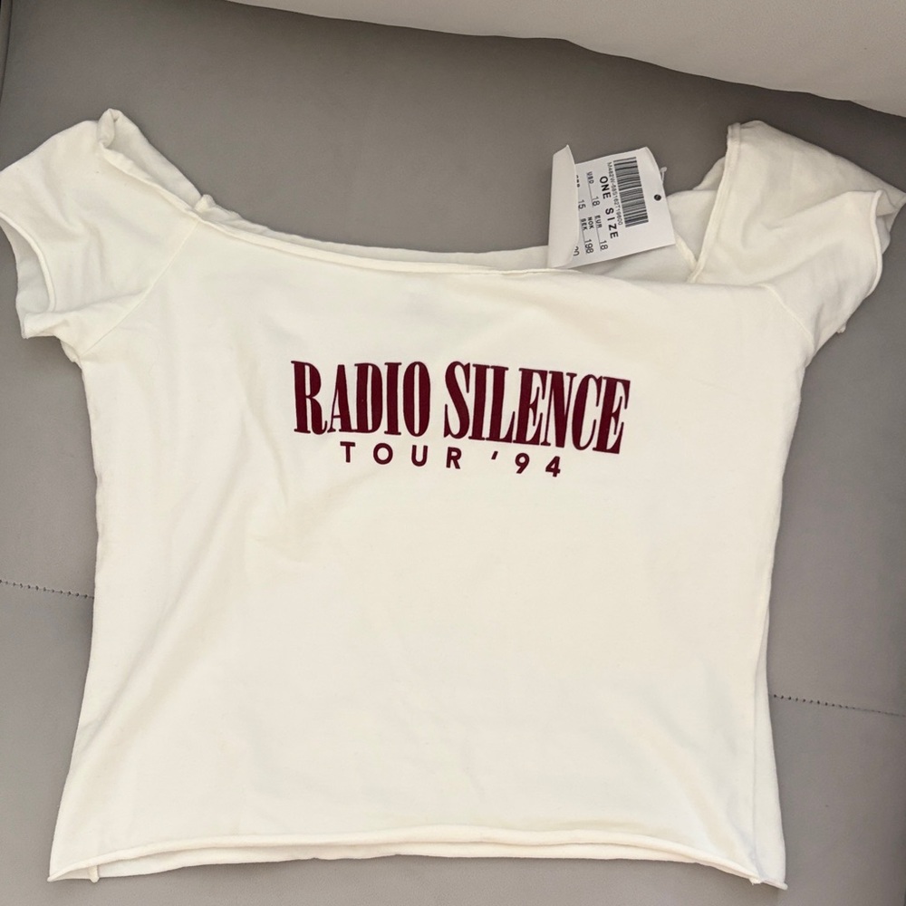 NWT Brandy Melville White Radio Silence Tour '94 Graphic Off-Shoulder Top